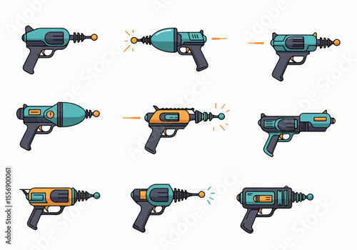 Collection of retro futuristic rayguns and blasters in a colorful cartoon or comic book illustration style.