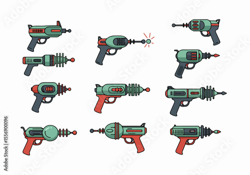 Collection of retro sci-fi ray guns and laser pistols illustration set on white background. Cartoon vintage futuristic space weapon icons.