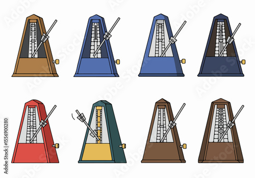 Vector set of classic mechanical metronomes in various colors and states of movement for music education and rhythm practice.