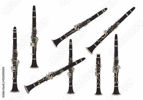 Multiple clarinets illustrated in various orientations on a white background, depicting the musical wind instrument.