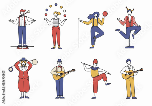 Collection of minimalistic illustrations of diverse circus performers.