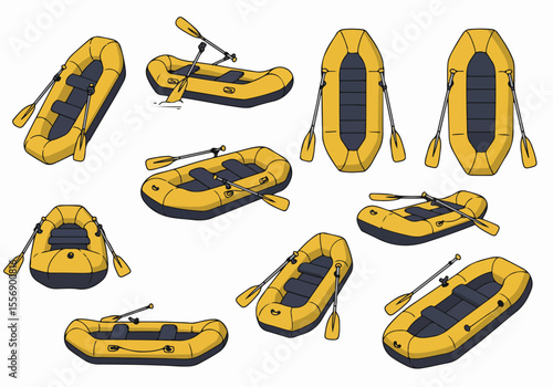 Set of cartoon vector illustrations of inflatable rafts with paddles shown from multiple angles for water sports and outdoor recreation.