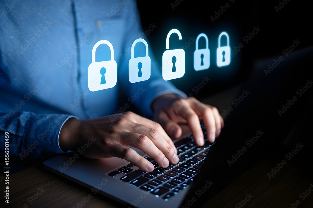 Cybersecurity and data protection concept. User enter password for personal information access. Data login protect and secure internet access, padlock technology, cyber security, encryption privacy,
Cybersecurity and data protection concept. User enter password for personal information access. Data login protect and secure internet access, padlock technology, cyber security, encryption privacy,