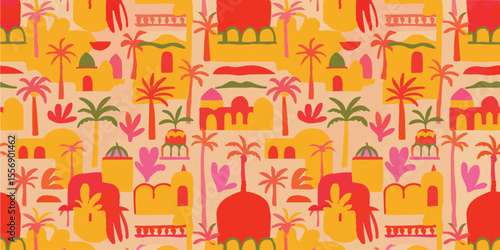 Abstract seamless pattern of a Moroccan village with palm trees and architecture. A vibrant, hand-drawn summer print in warm red, yellow, and pink hues. Ideal for travel themes and boho textiles