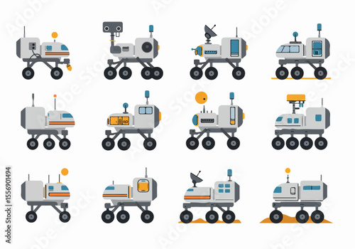 Illustration set showcasing various designs of futuristic space rovers and lunar exploration vehicles isolated on white background.