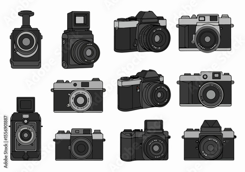 Hand drawn illustrations of various classic film cameras and instant cameras