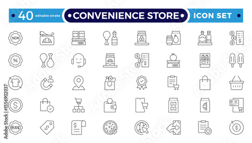 Convenience Store Outline Icon Set. Online payment, discount, buy, shopping cart, delivery, credit card, customer service. Editable stroke outline icon.
