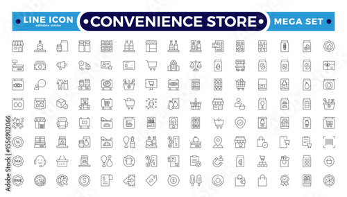 Convenience Store Outline Icon Set. Online payment, discount, buy, shopping cart, delivery, credit card, customer service. Editable stroke outline icon.
