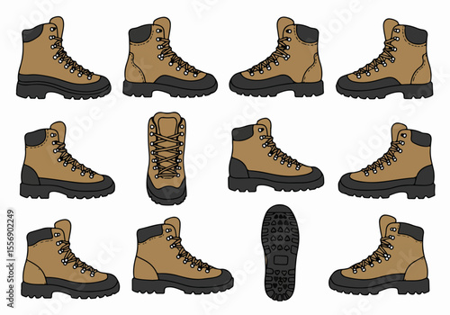 Illustration set of brown hiking boots showing multiple views including side, front, and sole perspectives, ideal for outdoor design graphics.