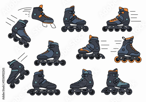 Set of illustrated rollerblades in various dynamic poses, depicting speed and movement, perfect for sports and recreation themes.