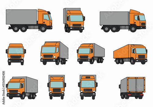Set of cartoon delivery trucks illustration in multiple views, including side, front, back, and three-quarter angles, isolated on a white background.
