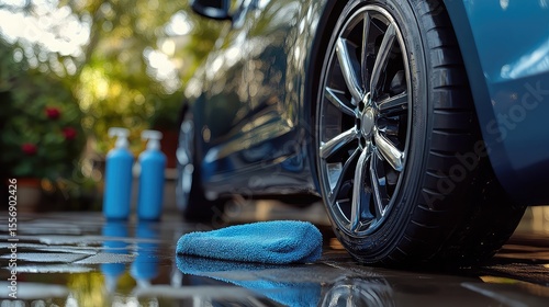 Spotless car wheel and gleaming trim, with cleaning products and soft cloth in background, symbolizing car care, detailing, and automotive maintenance.
