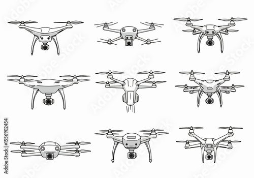 Set of modern cartoon vector illustrations of various white drones with propellers and cameras, viewed from different angles, isolated on a white background, including one taking off.