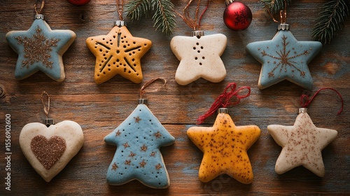 Whimsical hand-crafted salt dough ornaments in various shapes, glitter, and ribbons on rustic wooden background, perfect for holiday crafts and gifts.