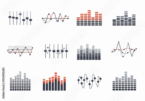 Set of diverse graphic equalizer, sound wave, and audio control fader icons representing music, recording, and digital technology concepts in a flat style.