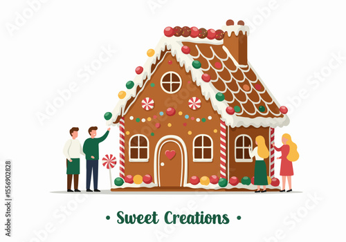 Festive Holiday Fun Decorating a Giant Gingerbread House Illustration