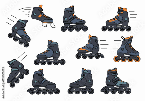 Multiple inline skates in various dynamic poses and movements, depicted in a flat cartoon vector illustration style on a white background.