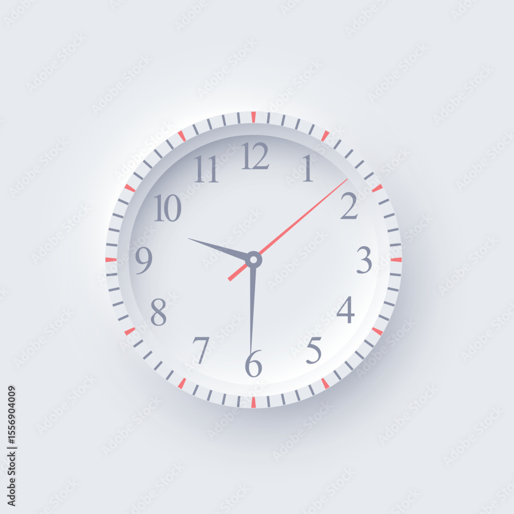 Minimal round wall clock with simple hour marks and modern design. Elegant analog clock in neomorphism style on light grey background. Vector illustration. Minimal round wall clock with simple hour marks and modern design. Elegant analog clock in neomorphism style on light grey background. Vector illustration.