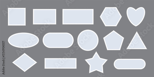Gray postage stamps set. Blank post stamps in various shapes including rectangle, square, circle, oval, triangle, heart, diamond, hexagon, pentagon. Vector illustration isolated on grey.