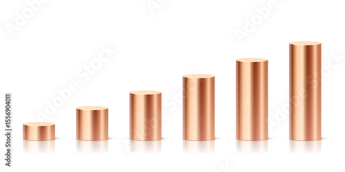 Copper metallic cylindrical podiums in ascending height. Minimalist 3D columns for ranking, data visualization, infographics, or product display. Realistic vector illustration.