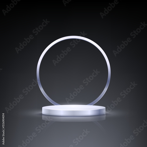 Silver award podium. Empty 3d platinum stage with glowing circular frame on dark background. Luxury product presentation, glamour design for beauty industry. Vector illustration.