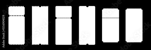 Cinema tickets. Paper voucher, coupons set. Theater, train, movie, raffle, carnival white blank tickets with text space. Concert, event, festival layouts. Realistic vector illustration.