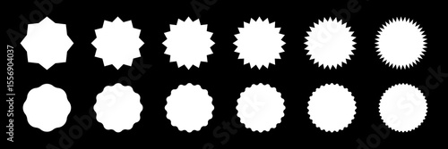 White circle stickers set. Badge, seal silhouettes. Set of circular shapes with zigzag, wavy, and starburst edges. Blank labels for stamps, awards, logos. Graphic vector illustration.