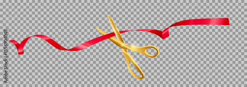 Grand opening ceremony. Golden scissors cutting red ribbon isolated on transparent background. Luxury event announcement, stage celebration, or business launch. Realistic vector illustration.