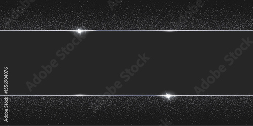 Silver glitter border background. Horizontal black banner with sparkling silver edges, glowing light effects. Elegant festive frame for event invitation, celebration. Vector illustration.
