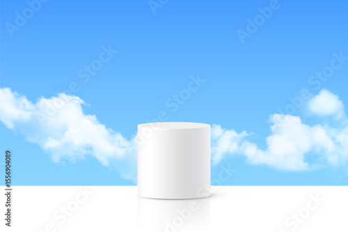 White cylindrical podium with blue sky and clouds background. Minimal platform for product display, advertising, or mockup presentation. Vector illustration.
