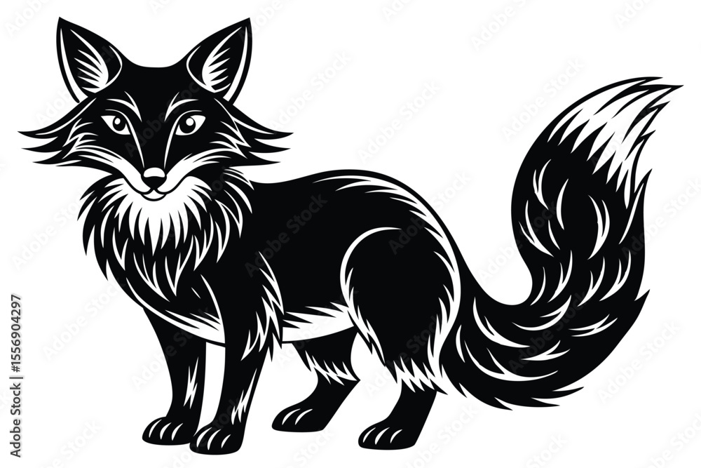 A monochrome stylized fox stands alert with fluffy tail on a white background A monochrome stylized fox stands alert with fluffy tail on a white background