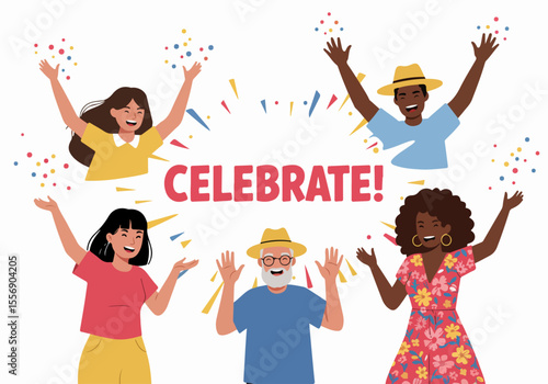 Happy diverse people celebrating together with confetti and arms raised around the word CELEBRATE! expressing joy and success.