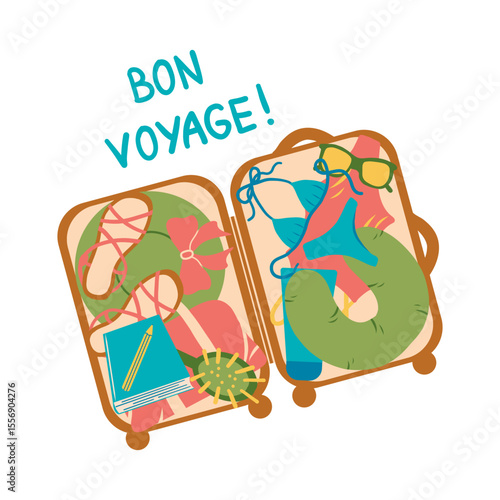 Open suitcase with folded things. Ideal for vacation, travel and adventure themes in retro doodle style. Flat design, isolated vector illustration on white background.