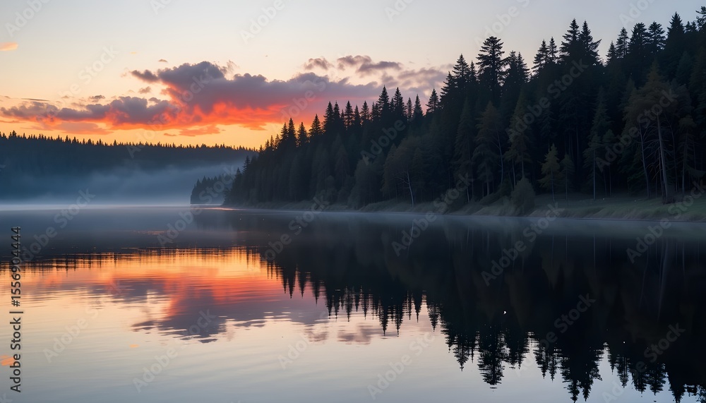 Fototapeta premium Original name(s): At sunset, a lake in the forest. Red clouds in a romantic sky.png