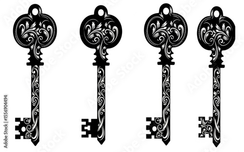 Four ornate vintage keys on white background