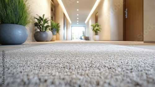 Modern hallway with soft carpet leads to bright exit, flanked by large potted plants and wooden doors, creating welcoming atmosphere