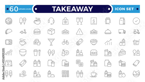 Takeaway Outline icon set. Fast food outline icons. Fast food vector icon line set. Burger sandwich pizza hot dog cola coffee sweets. Editable stroke outline icon.
