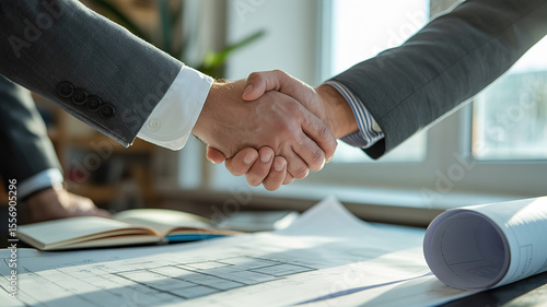Two businessmen in suits shake hands over blueprints and open notebook in office