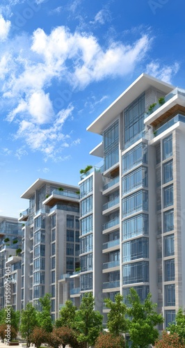 Modern apartment buildings under a vibrant blue sky