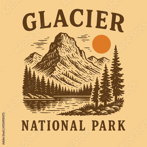 Glacier National Park Slogan Graphic Vintage Hand Sketch Big Tree Drawing Forest Vector Autumn Winter T Shirt Sweatshirt Design