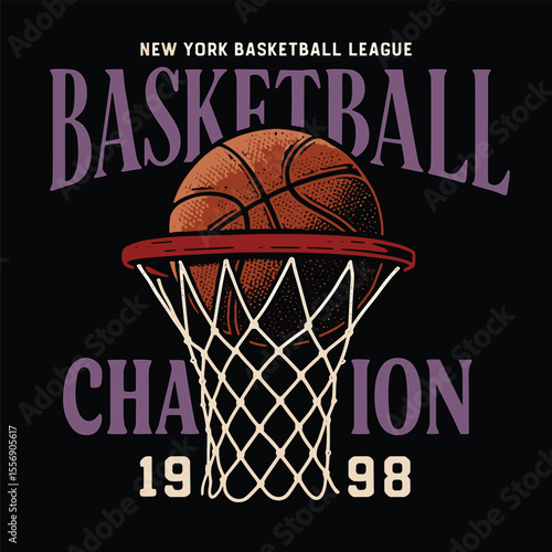 Vintage sportswear artwork, champion tournament graphic print, basketball club vector t-shirt design, New York league college font logo