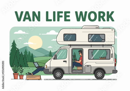 Digital Nomads Working Remotely from a Camper Van in a Scenic Natural Landscape Illustration