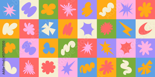 Abstract Geometric background with doodle groovy shapes. Various playful forms. Trendy vector illustration