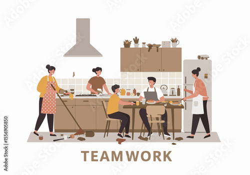 Teamwork in the Kitchen: People Collaborating on Cooking, Cleaning, and Household Chores