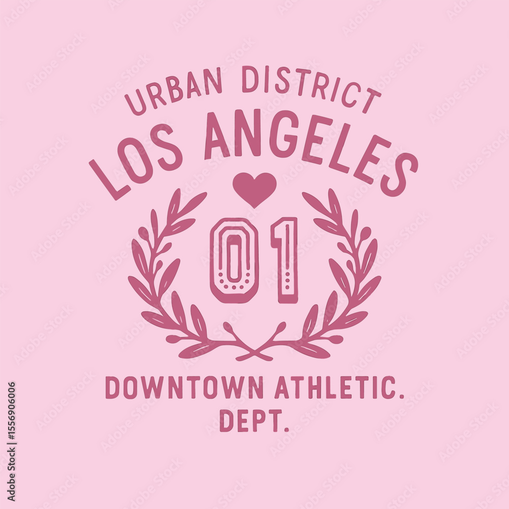 Los Angeles city slogan print, retro varsity text graphic, California vintage college style typography, athletic hearts tee design