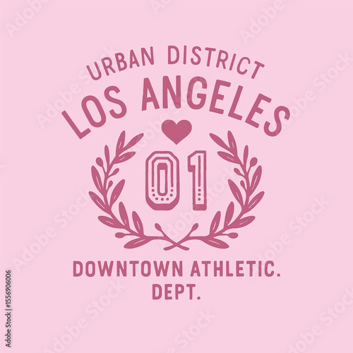 Los Angeles city slogan print, retro varsity text graphic, California vintage college style typography, athletic hearts tee design
