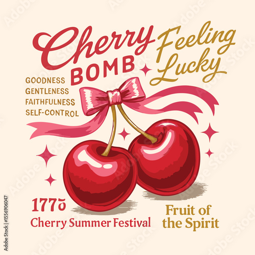 Watercolor cherry fruit design, handwritten slogan text Cherry Bomb Feeling Lucky, vintage graphics print, women's fashion fruit trend, summer t-shirt sweatshirt artwork