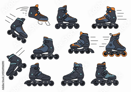 Set of Hand-Drawn Inline Skates Illustrations in Various Active Poses