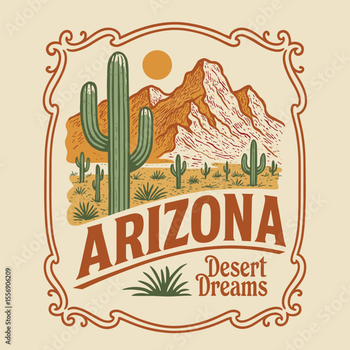 Arizona desert graphics art print, hand-drawn cactus sketch, t-shirt sweatshirt apparel design, fashion poster artwork