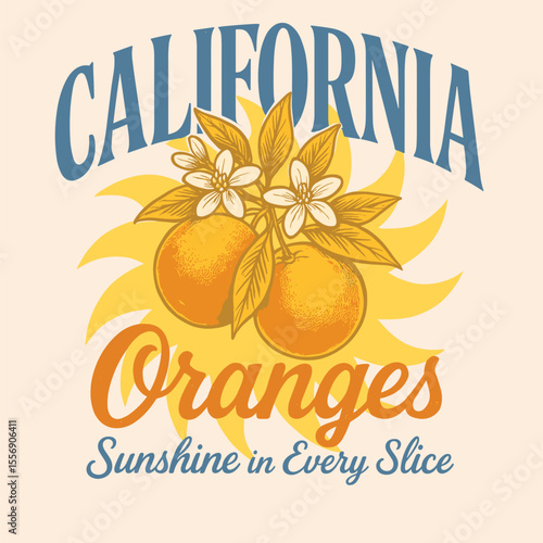 California orange vector print, hand-drawn citrus illustration, vintage engraved fruit design for summer fashion